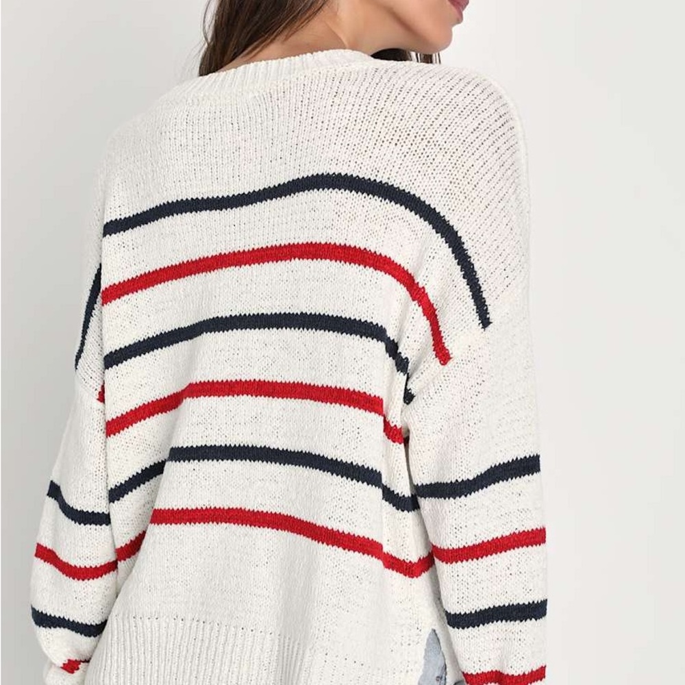 Lulu’s White Stripe Knit Sweater Coastal Casual Relaxed Pullover Size L - Picture 3 of 8